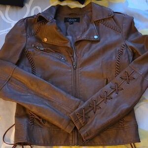 CoffeeShop Cognac Brown Lace-Up Faux Leather Moto Jacket